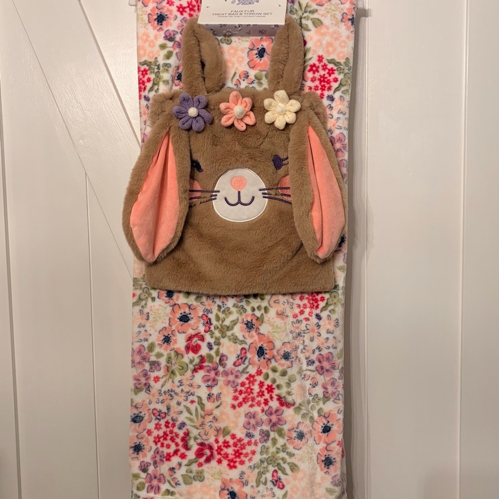 Shabby Chic Faux Fur‎ Bunny Treat Bag & Floral Throw Blanket Set Easter Brown